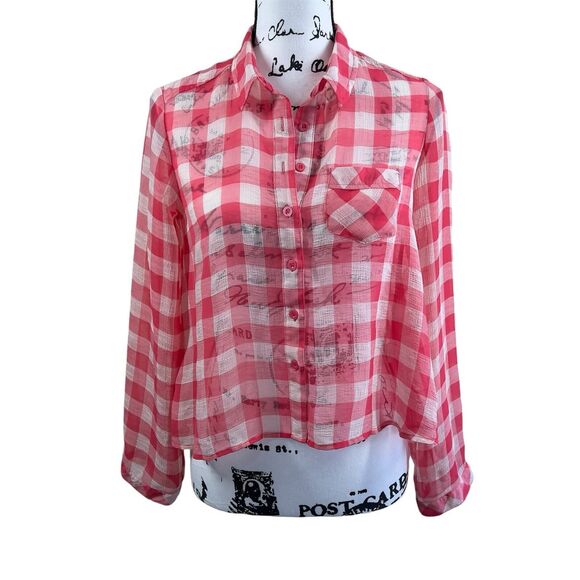 Free people red sheer gingham button down blouse size XS boho western cowgirl - Picture 1 of 14